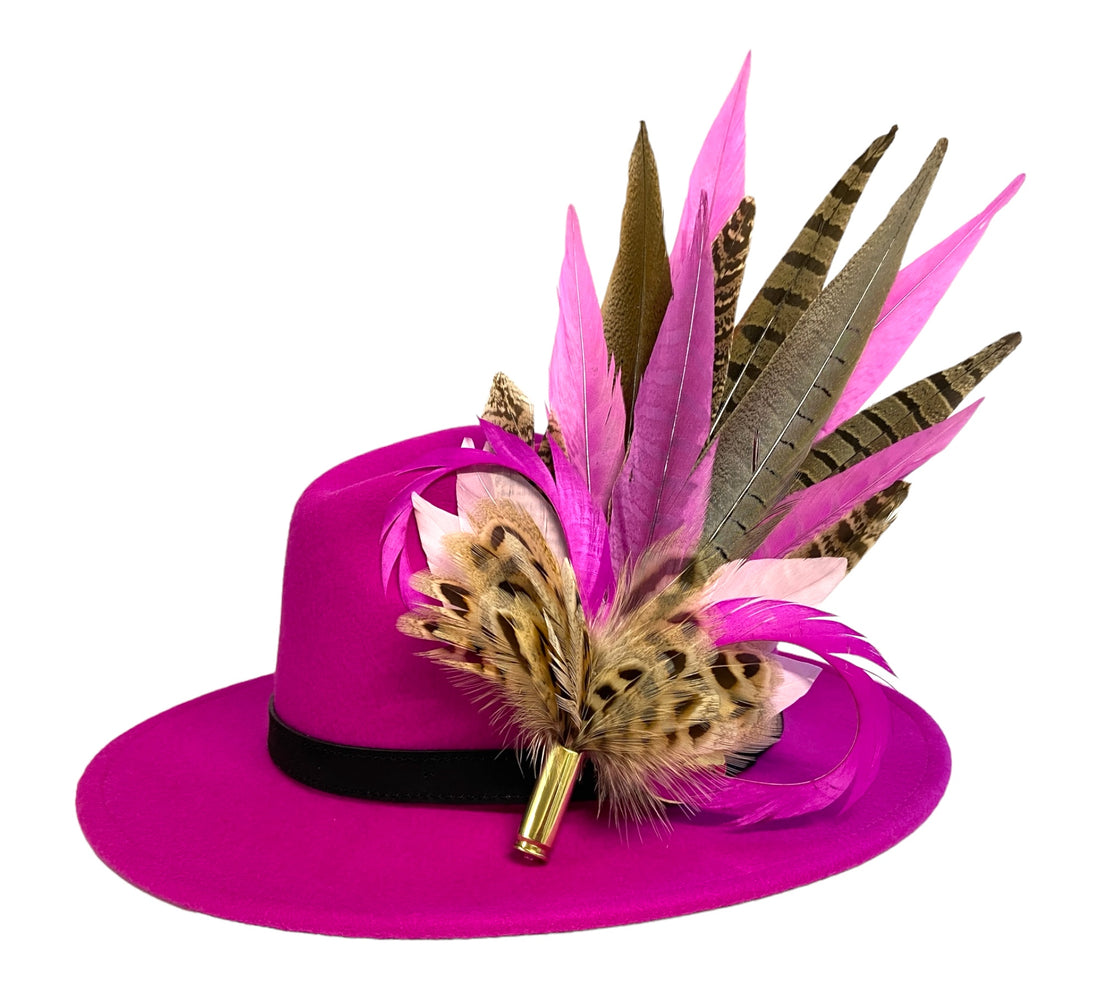 Fuchsia Pink Fedora and Feather Brooch