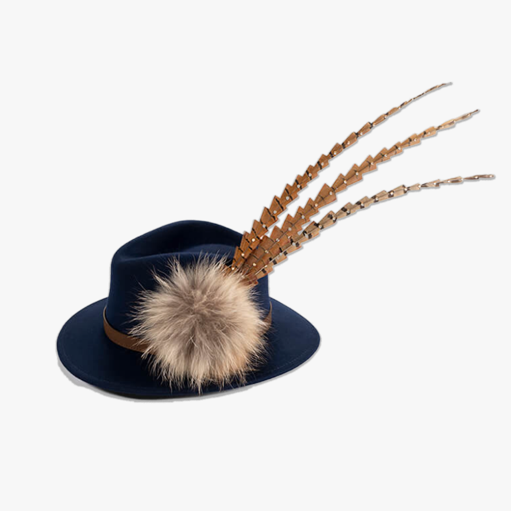 Navy Blue Fedora with Feather Brooch