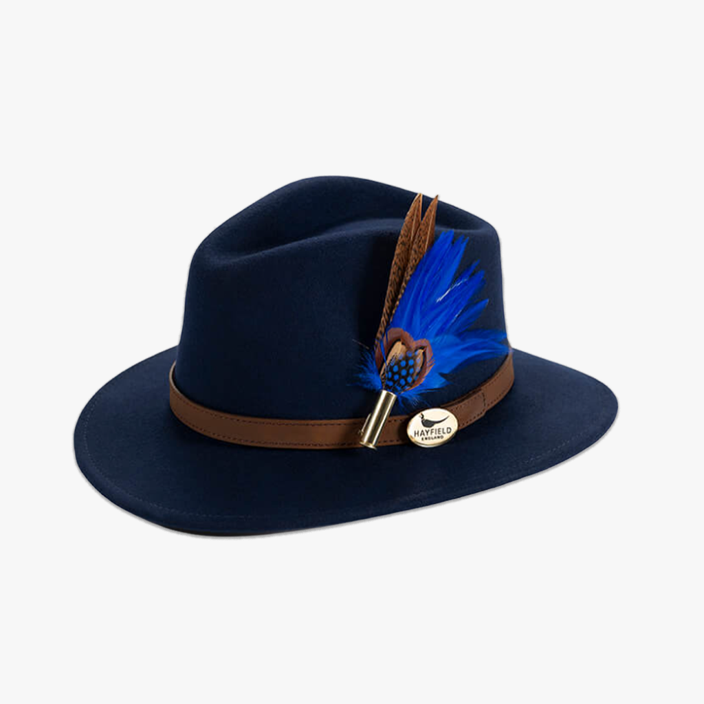 Navy Blue Fedora with Feather Brooch